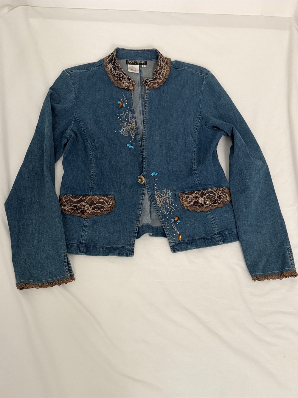 Nancy Bolen City Girl Sz 8 W Boho Blue Denim Jacket Jewels & Lace